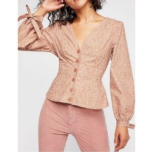 Free People | Orange Floral Print Cottagecore Button Front Cotton top, S